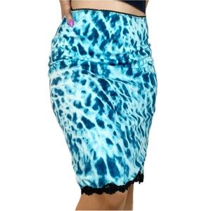 Vintage 90s/Y2K Blue Water Tie Dye Lace Trim Xhileration Midi Slip Skirt 💙
